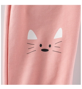 Macro detail of pink knitted fabric with cute minimalist cartoon cat face print