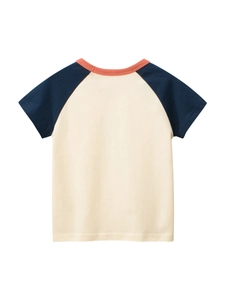 Kids short sleeve raglan t-shirt with navy sleeves and orange neckline trim