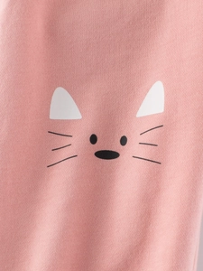 Pink knit kids sports pants featuring a minimalist cartoon cat face print detail