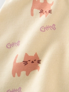 Girl's cotton ribbed boxers with cute kitten and fishbone prints in soft yellow