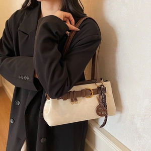 Vintage retro patchwork shoulder bag in cream and brown leather for women commuters