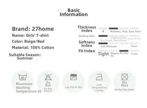 Tableau des tailles du t-shirt d'été pour filles en 100% coton et guide d'entretien