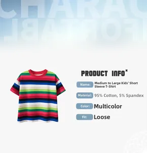 Tableau détaillé du t-shirt rayé pour enfants indiquant le coton et la coupe ample