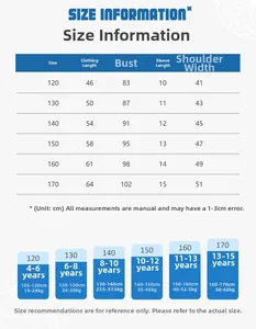 Detailed size chart for boys striped t-shirt showing measurements from 120cm to 170cm height