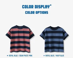 Close-up of boys' cotton striped T-shirts in royal blue, rose pink and navy blue