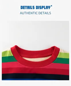 Détail du col rond rouge et du tissu en coton à rayures multicolores de haute qualité