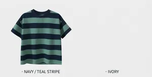 Detail of kids striped t-shirt with royal blue and mint green cotton knitted fabric