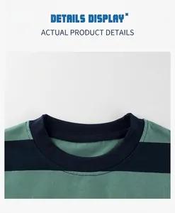 Detail of crew neck ribbed neckline on dark green and navy blue striped shirt