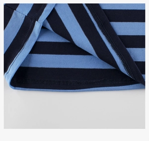 Detailed view of striped cotton knit hem with durable double-needle stitching quality