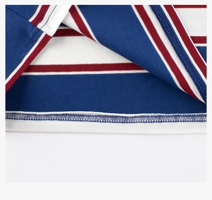 Macro detail of navy blue and red striped cotton T-shirt with double needle hem stitching