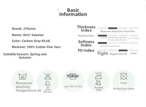 Detail view of 100% cotton material specifications and laundry care guide for girls sweater
