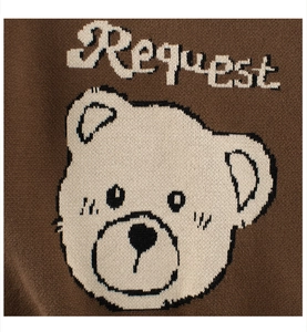 Detail of coffee brown knit sweater featuring a beige cartoon bear and 'Request' text