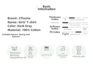 Detailed size and material chart for 100% cotton kids long sleeve t-shirt in dark grey
