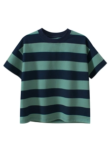 Boy's short-sleeved cotton T-shirt featuring navy and green stripes with a crew neck