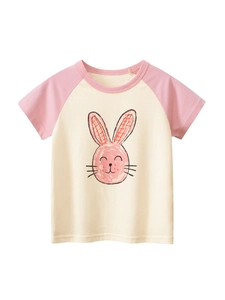 T-Shirt À Manches Courtes Pour Filles Coton Doux Manches Raglan Imprimé Lapin Dessin Animé Haut Décontracté