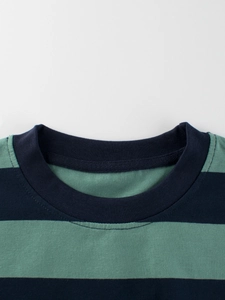 Classic cotton striped T-shirt with blue and green patterns and ribbed crew neck design