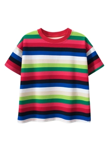 T-Shirt Arc-en-Ciel à Rayures pour Enfants Manches Courtes Mélange de Coton Col Rond Décontracté Été Haut Ample pour Garçons Filles