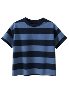 Classic blue and navy striped short sleeve cotton T-shirt for boys with a round neck