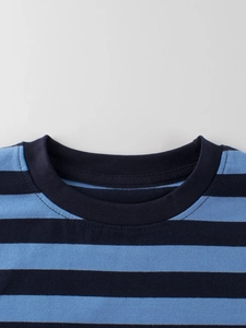 Classic blue and black striped cotton T-shirt with premium ribbed crew neck detail