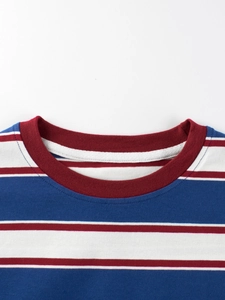 Striped cotton T-shirt featuring a burgundy ribbed crew neck and red white blue knit pattern