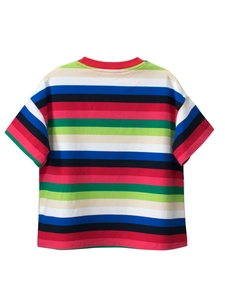 T-shirt rayé multicolore pour enfants avec col rond rouge et coupe décontractée