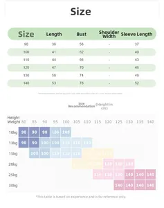 Size guide table for girls cartoon bear long sleeve t-shirt showing detailed measurements
