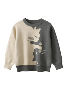 Girls Cotton Knit Sweater Cartoon Cat Round Neck Long Sleeve Pullover Soft Warm Jumper For Toddlers Kids Casual Wear