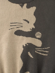 Girls cartoon cat sweater with grey and brown knit jacquard details and ribbed collar