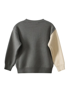 Kids long sleeve color-block knit sweater with ribbed cuffs in grey and cream white