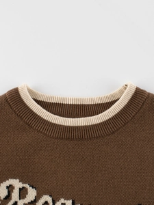 Brown knit sweater for girls featuring cartoon style bear theme and striped crew neck