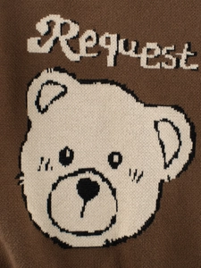 Brown knitted sweater for girls with white cartoon bear pattern and Request lettering