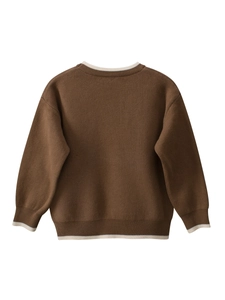 Girls' brown knit sweater with cartoon bear design and cream ribbed collar and cuffs