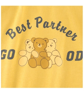Detailed close-up of cartoon bears and Best Partner print on yellow cotton girl's shirt