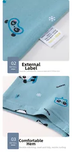 Détail du sous-vêtement en coton bleu pour garçon avec motifs panda et étiquette externe