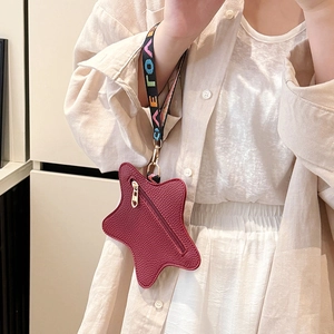 Star-shaped burgundy leather crossbody coin purse with colorful LOVE FOREVER strap