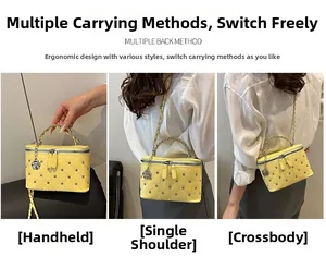 Detailed views of yellow quilted bucket bag with silver studs and camellia charm