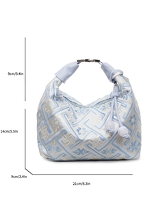 Light blue floral jacquard handbag with dimensions 21x14x9cm shown on white background