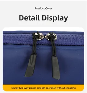 Detail of waterproof oxford fabric and dual smooth zippers on blue business laptop bag