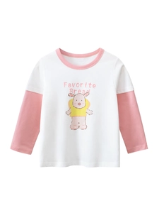 T-shirt à Manches Longues Faux Deux Pièces pour Filles 100% Coton Contraste Rose Blanc Cochon Dessin Animé Imprimé Pain Col Rond