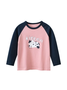 Maglietta Raglan da Bambina a Maniche Lunghe in Puro Cotone Rosa Blu Nobile Stampa di Cartone Animato Gatto Autunno Top Casual Girocollo