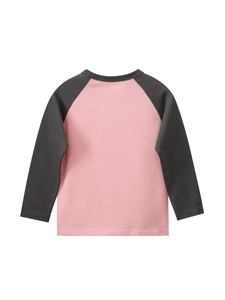 Pink and charcoal gray raglan long sleeve cotton T-shirt for girls in flat lay view