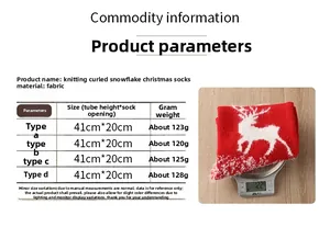 Size chart showing large red knitted Christmas stockings with snowflake and reindeer patterns