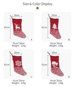 Detailed size chart for large knitted Christmas stockings with snowflake and reindeer patterns