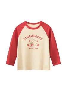 T-shirt À Manches Longues Pour Filles Pur Coton Raglan Couleur Contrastée Imprimé Lapin Fraise Dessin Animé Haut Décontracté