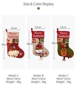 Detailed size and weight specs for 3D Christmas stockings featuring Santa, Snowman and Reindeer
