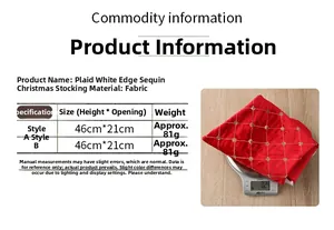 Size chart showing red plaid Christmas stocking with sequin details and 46x21cm dimensions