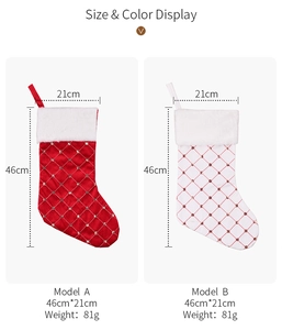 Detail showing red and white satin Christmas stockings with dimensions 46cm by 21cm