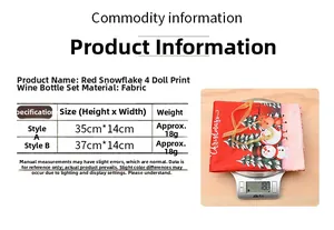 Size chart for red Christmas wine bottle covers with Santa motifs and dimensions