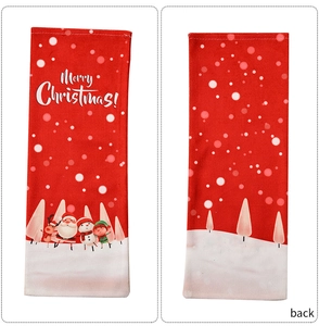 Detailed front and back views of red Christmas bottle covers with Santa and reindeer prints