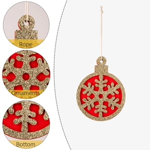 Red and gold wooden Christmas snowflake ornament with rope and glitter details